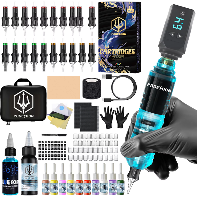 Tattoo Kit POSEIDON V5 High Power Tattoo Pen Kit For Permanent Makeup Tattoo Machine Kit Blue Tattoo Power Supply Tattoo Gun Kit