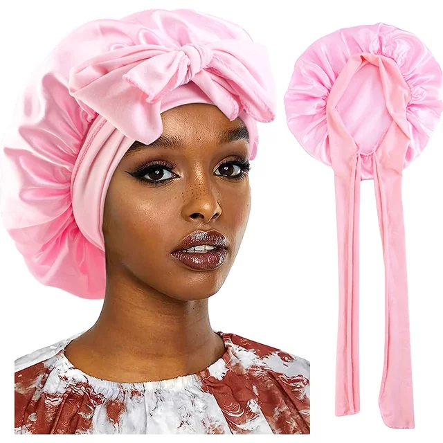 Nouveau Bonnet de couchage en Satin pour femmes, solide, large bande, cravate de tête extensible, Bonnet soyeux, bord enveloppant, bonnet de nuit, soins capillaires, couvre-tête de douche
