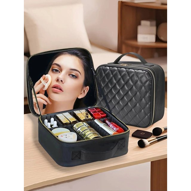Waterproof Travel Makeup Bag for women with Mirror Professional Cosmetic Storage Case with Sewing Thread - Beauty Brush Included