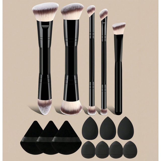Makeup Brush Set with Sponges and Puffs, 5/7/12/15-Piece Travel Beauty Tools for Foundation, Powder, Blush and Eyeshadow
