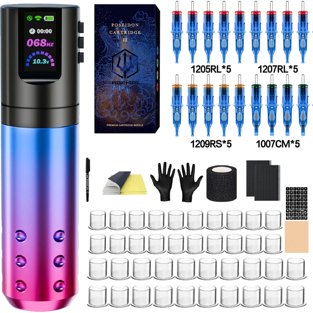 Tattoo Kit POSEIDON New Gradient Tattoo Pen Kit For Permanent Makeup Tattoo Machine Kit Wireless Tattoo Power Supply Tattoo Kit