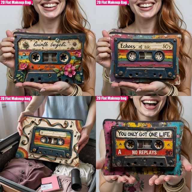 1pc Travel Toiletry Bag Vintage Cassette Tape Decorated with Flowers and Gems Makeup Organizer Pouch Case Portable Cosmetic Bags