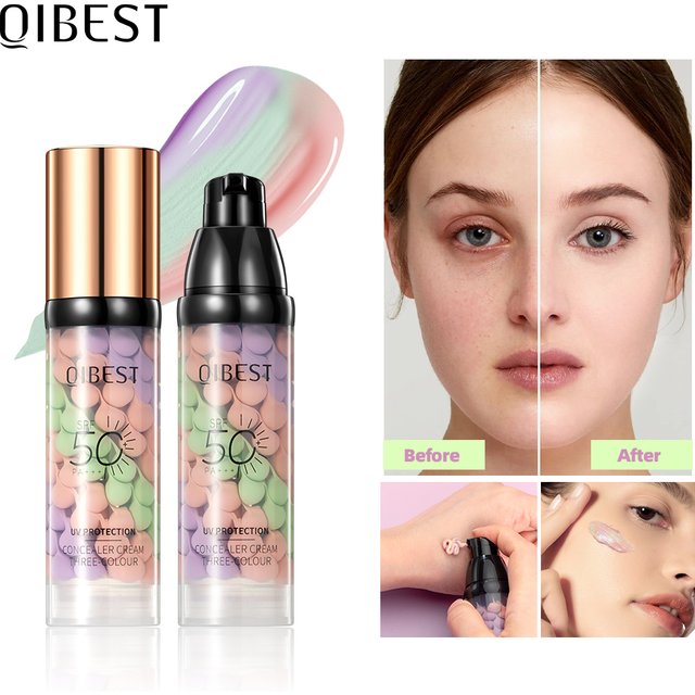QIBEST Face Makeup Primer Tri-color Cream Brighten Contour Color Isolation Waterproof Foundation Natural Makeup Base Cream
