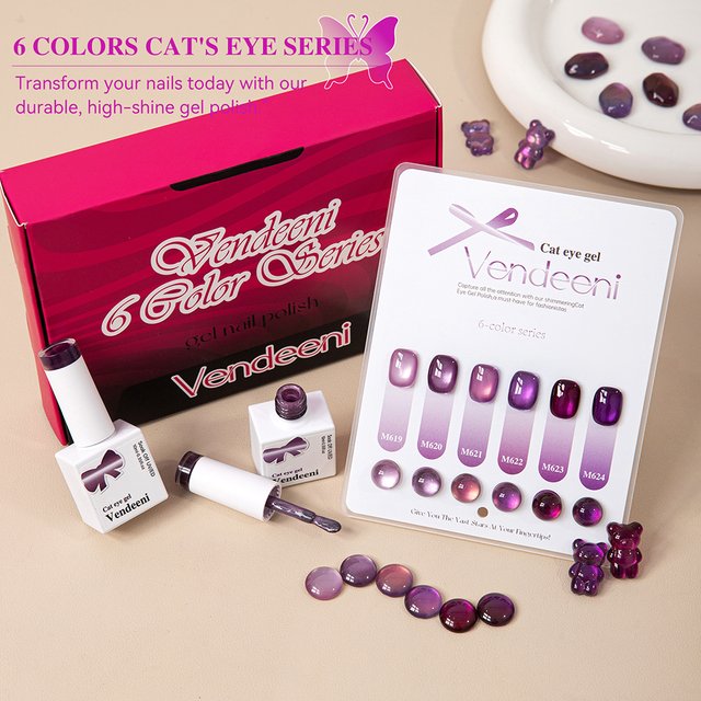 Vendeeni 6 Colors/Set Purple Crystal Cat Eye Gel Nail Polish TPO HEMA FREE Magnetic Glass Beads UV LED Gel Varnish With Display