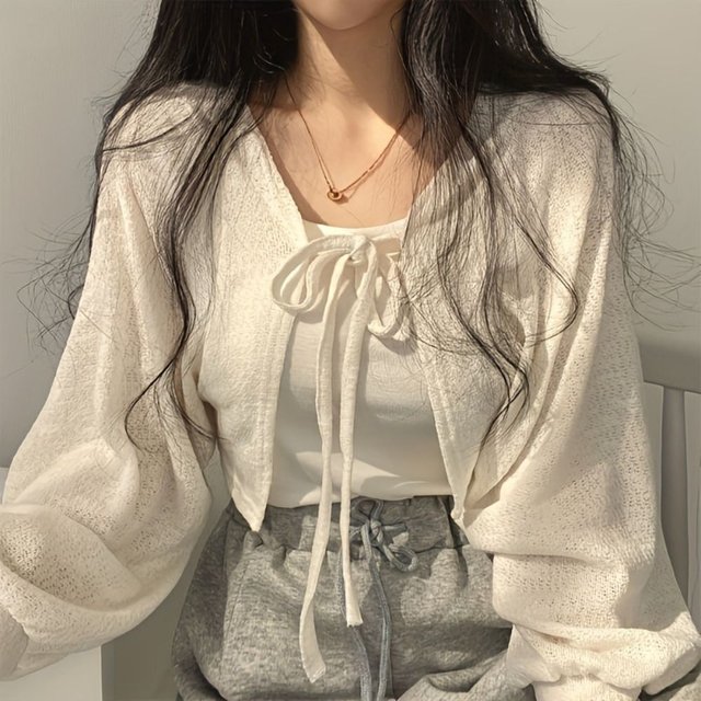 Fashion Thin Fabric Knitted Cardigan Lace-Up Casual Lace-Up Knitwear Sunscreen Short Coat Women