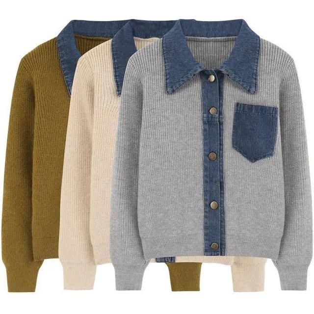 Petit Style parfumé chemise tricotée femmes printemps automne à manches longues Design sens Cowboy épissage Cardigan manteau dame hauts courts