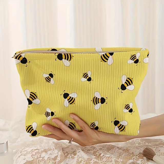 Corduroy Makeup Bag Honeybee Pattern Cosmetic Bag, Lightweight Makeup Organizer Multifunctional Toiletry Bag