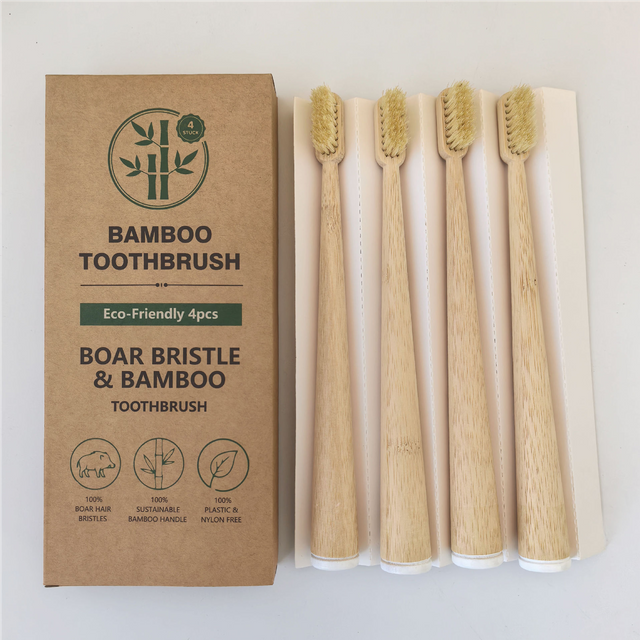 4Pcs Boar Bristles Natural Bamboo Toothbrush Biodegradable Completely-free of Plastic and Nylon, Pig Bristles Bamboo Toothbrus
