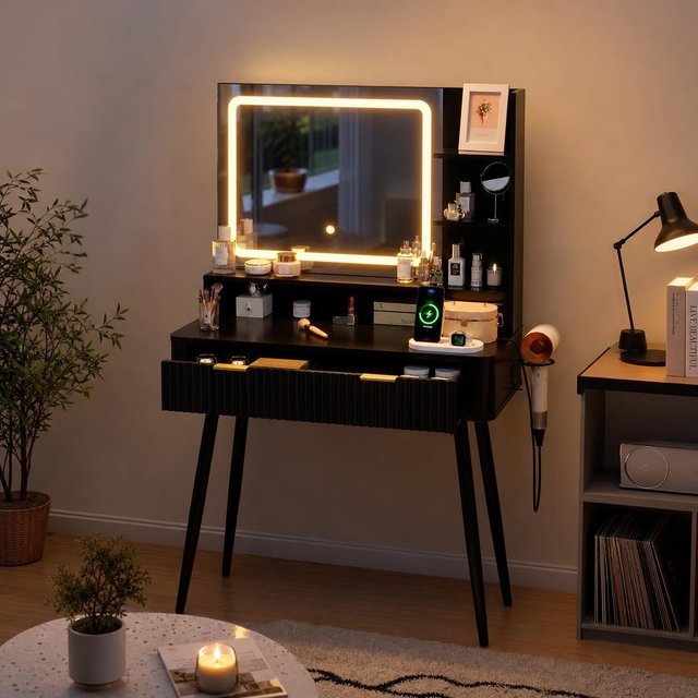 31.5 Inch LED Vanity Table With Lighted Mirror 2 Drawers 3 Color Lighting Modes And Built In Power Outlet Makeup Dressing Desk For Bedroom Storage
