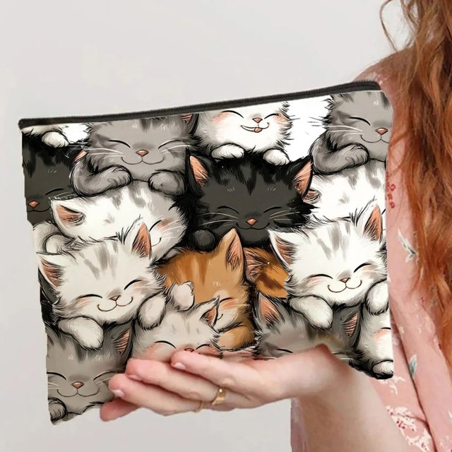 A Cute Stacked Cat Patterned Makeup Bag- Multifunctional Zipper Pouch, Jewelry Storage Bag, Perfect Travel Zipper Small Storage
