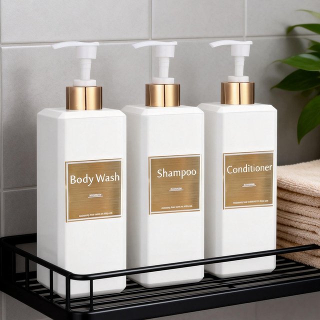 500ml/16.9oz Shampoo Dispenser Press Pump Bottle with Gold Waterproof Labels Bathroom Shampoo Conditioner Body Wash Bottles