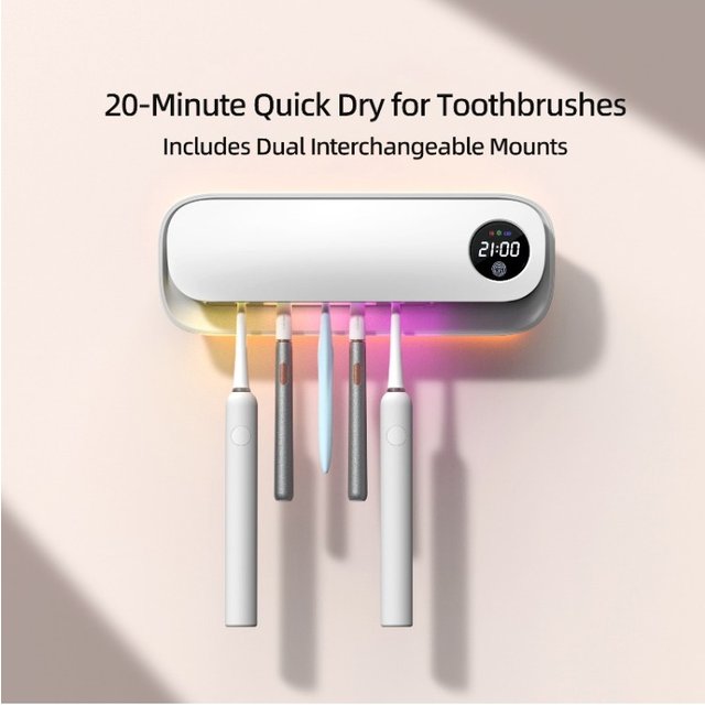 UV Toothbrush Sanitizer with 20-Min Quick Dry Dual Mount Rechargeable Toothbrush Cleaner Holder for Bathroom Family Use