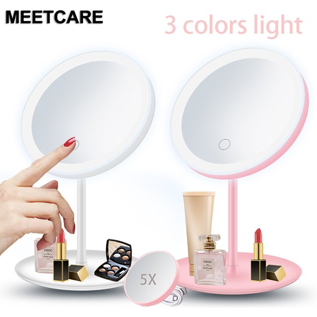 3 Colors LED Makeup Mirror Adjust 5X Magnifying Mirrors with Touch Screen Storage Dest Mirror Foldable Cosmetic Beauty Home Use
