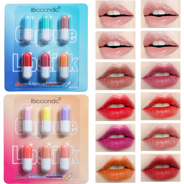 6pcs/set Mini Cute Capsule Lipstick Set with Lip Balm Moisturizing Waterproof Non-stick Cup Carry Pill Lipstick Lips Makeup Gift