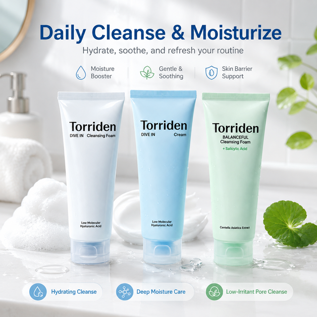 Torriden DIVE IN Balanceful Korean Skincare Set Salicylic Acid Centella Cleansing Foam to Hyaluronic Acid for Moisturizer Cream
