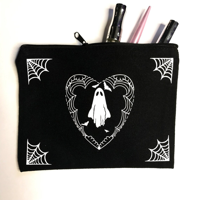 Halloween Cosmetic Bag Horror Gothic Canvas Beauty Storage Travel Toiletry Bag Ghost Bat Spider Silk Witch Accessories Fall Gift
