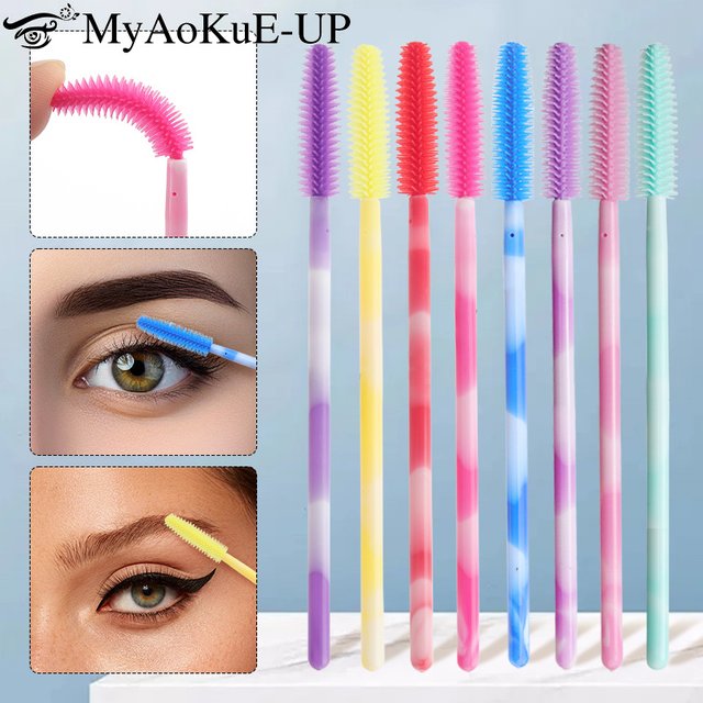 50Pcs/Pack Disposable Silicone Eyelash Brush Rainbow Eye Lash Makeup Brushes Mascara Wands Microbrush Eyelashes Extension Tool