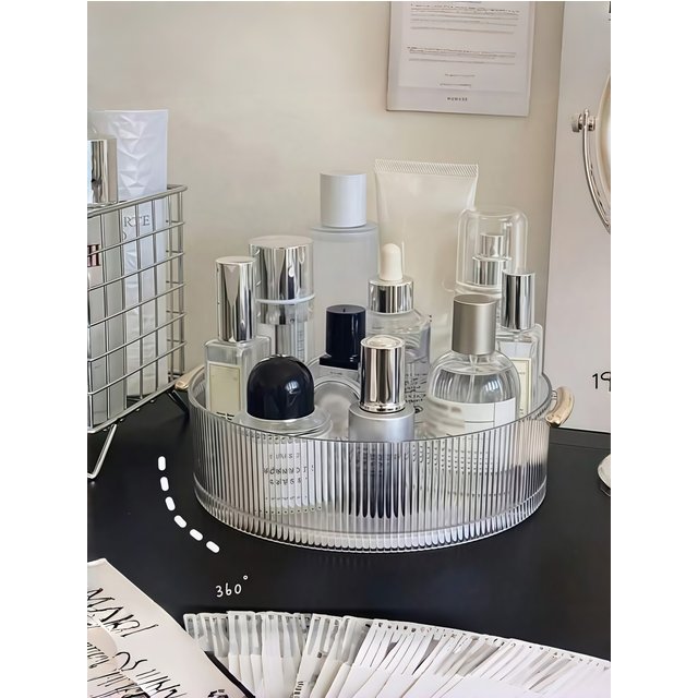 Vertical Ribbed Transparent Makeup Storage Tray, Large Round Rotating Cosmetic Organizer, Transparent Vanity Skincare Display Basket, Multi-Purpose Desktop Organizer, Suitable for All Seasons, Home