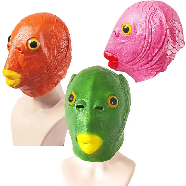 Funny Cosplay Mask for men and Women Adult Party Fish Head Mask Headdress for Makeup Party Green Head Fish Hood Animal Latex