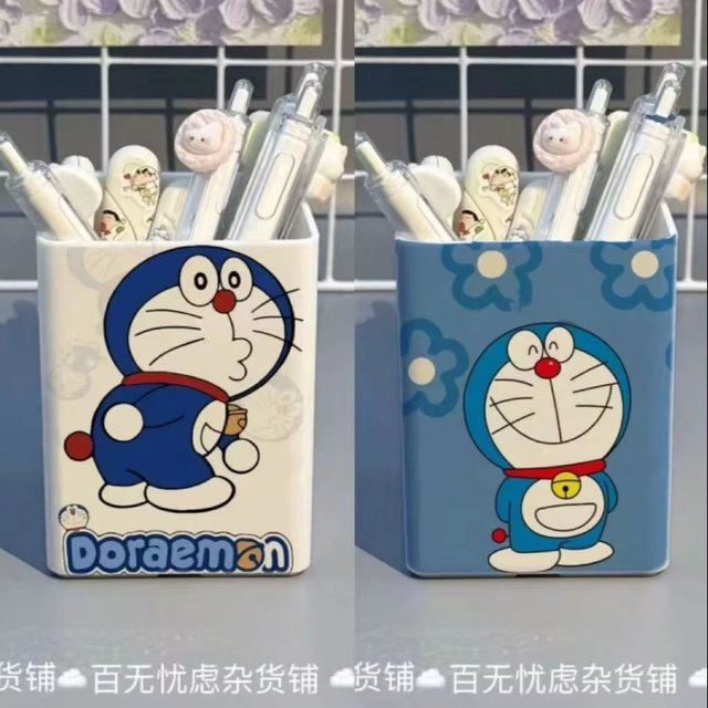 Doraemon Pen Holder Large Capacity Storage Bucket Makeup Brush Organizer Anti Fall Desktop Stationery Container Decor