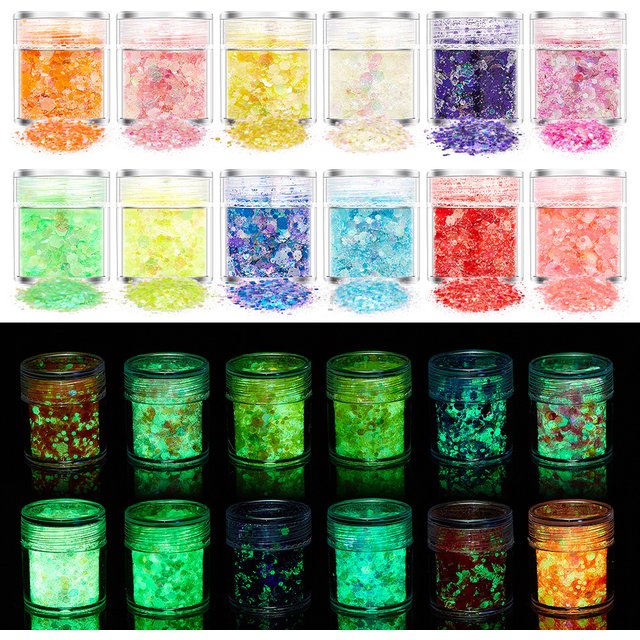15Colors-10g Glow in the Dark Luminous Nail Sequins Glitter Powder Epoxy Resin Mold Iridescent Hexagon UV Sequin Nail Makeup Dec