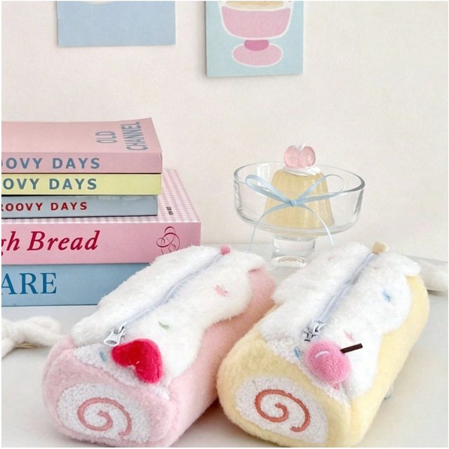 Cute Kawaii Swiss Roll Cake Plush Desktop Large Capacity Storage Pencil Case Zipper Pouch Cosmetic Bag Girl Student Gift