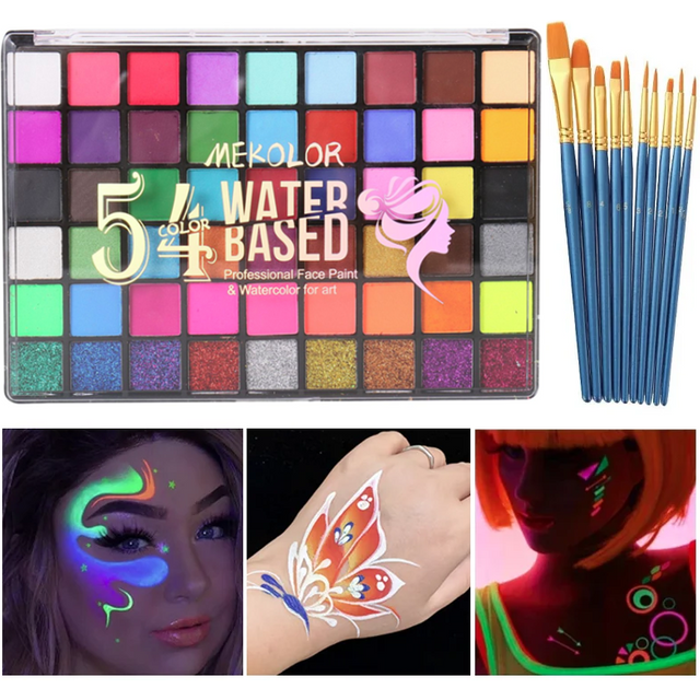54 Colors Face Body Paint Kit Glow Fluorescent Neon Water-Soluble Colorful Painting Festival Party Art Makeup Palette