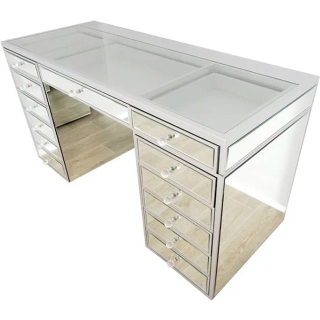 # Clear Top Glass Mirrored Vanity Makeup Table With 13 Drawers #