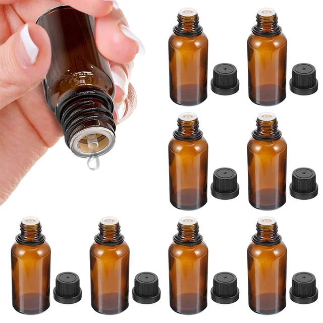 Bouteilles d'huiles essentielles vides rechargeables en verre ambré, 5ml-30ml, 6 pièces, pour parfum, aromathérapie, avec compte-gouttes et bouchons réducteur d'orifice