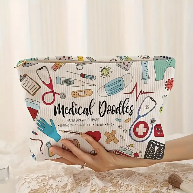 Medical Graffiti Printed Corduroy Makeup Bag, Lightweight Zipper Makeup Storage Box, Multi functional Bag with Lining