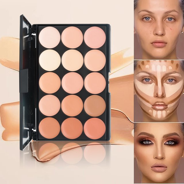 15-Color Concealer Palette with 370 Brush –Creamy Full Coverage Color Corrector, Highlight & Sculpt, Buildable,Beginner Face Kit