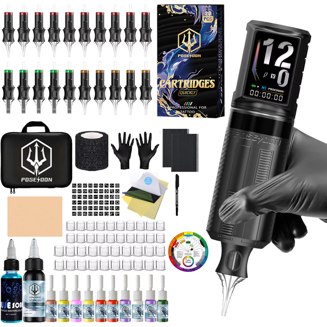 Tattoo Kit POSEIDON V5 Tattoo Pen Kit For Permanent Makeup Tattoo Machine Kit Wireless Professional HM163 Tattoo Gun Kit
