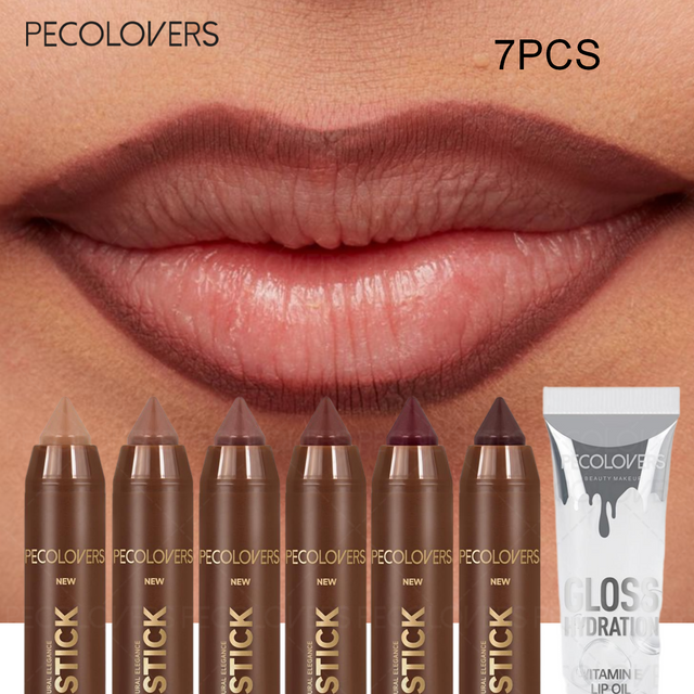 7pc/set Brown Tube Lipliner Is Matched with Transparent Lip Gloss To Describe Lip Contour, Moisturize and Strengthen Lips