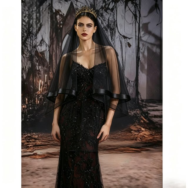 Black 2 Tier Fingertip Tulle Bridal Blusher Veil with Fishbone Edge & Comb Gothic Halloween Wedding Accessories G69