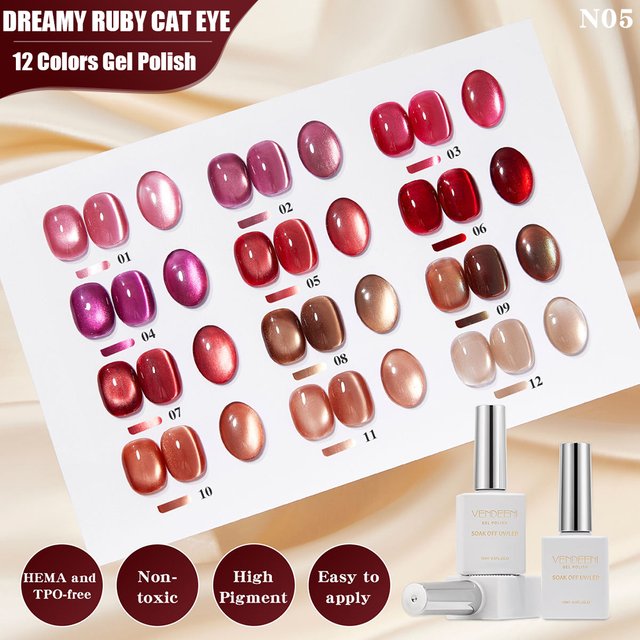 Vendeeni 12 Colors Red Crystal Cat Eye Gel Nail Polish Semi Permanent UV Soak Off Gel Varnish Ruby Magnetic Cat Eye Gel Lacquer