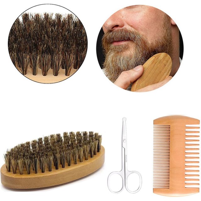 Men's Shaving Brush Set Boar Bristle Portable Barber Natural Beard Brush Comb Scissors for Facial Cleaning Styling Tool