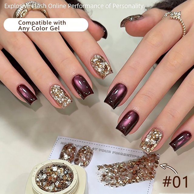10ml Black Plum Cat Eye Gel Nail Polish 2026 Fall New Arrival Gold Large Sequins with Super Shimmering Purple Cat Eye Small Set