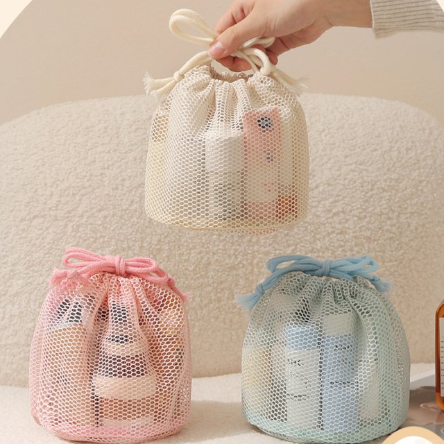 Travel Toiletry Bag - Large Capacity Mesh Fabric Breathable Storage Bag for Miscellaneous Items - Visible Makeup Bag - Drawstring