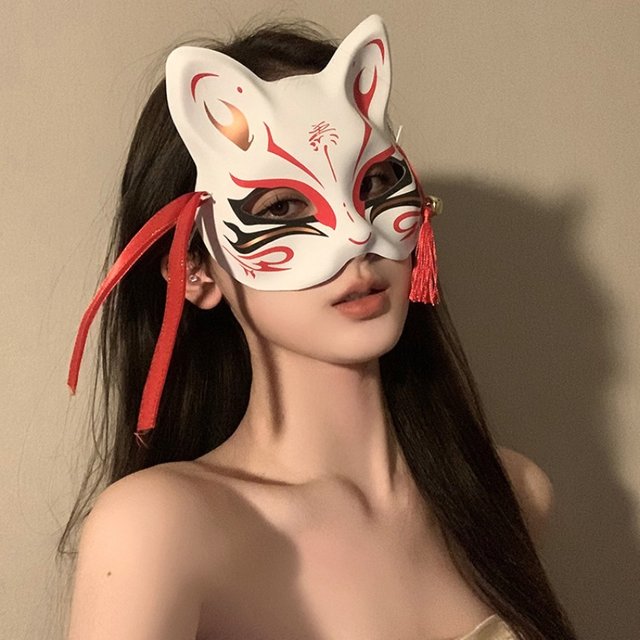 Cute Fox Mask Hand-Painted Kitsune Half Face Mask with Bell Tassel Cosplay Party Decor Prop Gift Costume Accessory for Girls