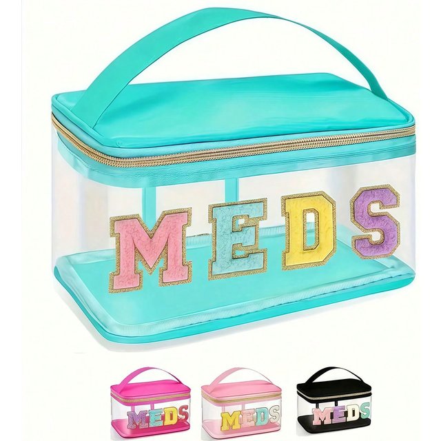 1PC Fashion Letter Patch Cosmetic Bag Clear Handle Nylon Zipper Travel Medicine Bag Suitable for Patients and Nurses