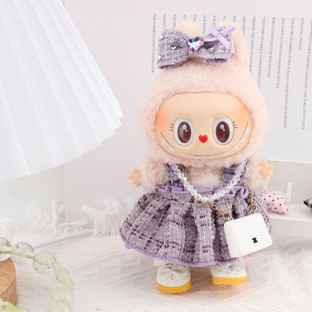 Pour Labubu violet petite robe parfumée avec épingle à cheveux, collier de perles et sac blanc Costumes de poupée 17 cm vêtements chaussures poupée bricolage