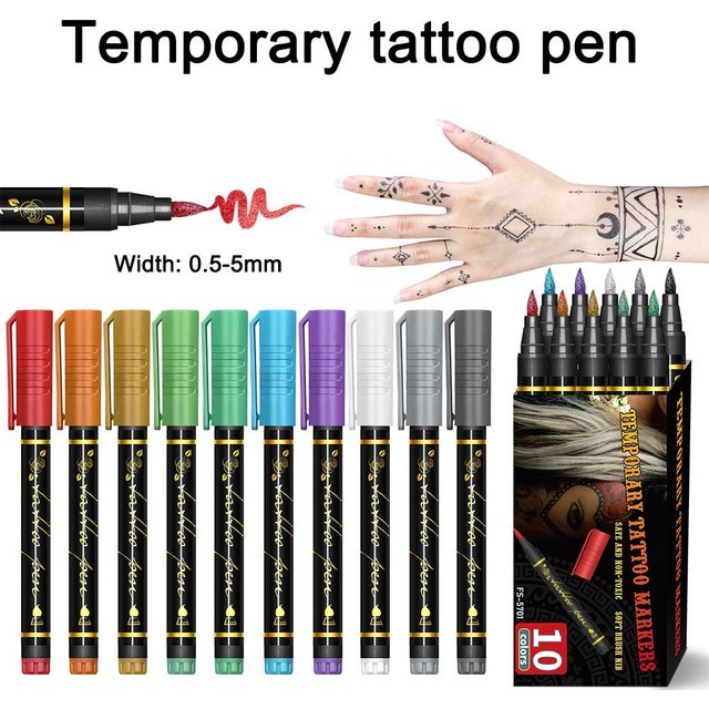 Temporary Tattoo Markers For Skin,Dual-End 10 Colors Tattoo Pens,Brush Tip Bright Colors,Face Paint Body Marker Halloween Makeup