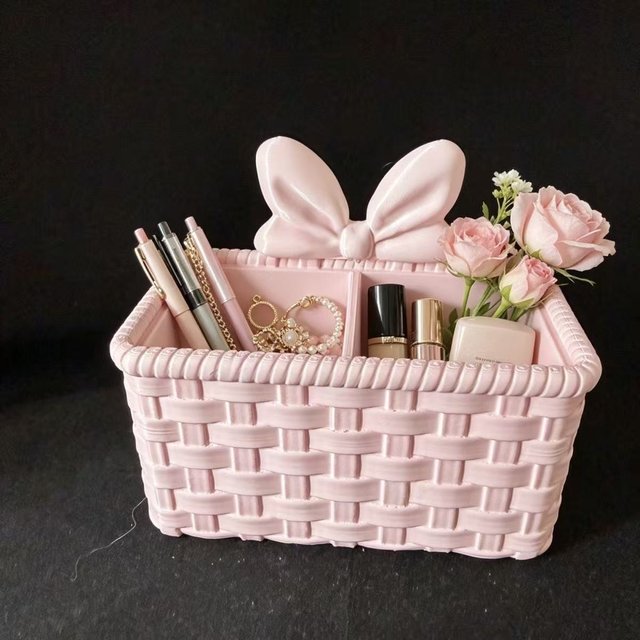 Korean-style Pink Ins Bow Woven Storage Box Girly Big Capacity Can Hold Cosmetics and Stationery Instagram-style Decorative Item