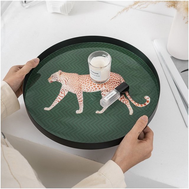 Luxury Iron Leopard Tray, Round Entryway Jewelry Organizer for Vanity Table - Cosmetics Storage with Premium Decorative Design