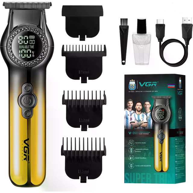 VGR Beard Trimmer Men Rechargeable USB-C Electric - Professional 8000 RPM - LED Light - 2 Speeds - Ceramic Blades - 200 Min Battery - Cordless Hair Clippers Face Shaver Grooming Kit