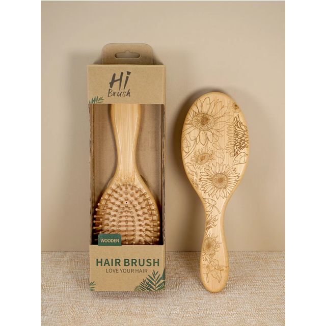 Natural Wooden Hair Brush with Sunflower Engraving Scalp Massage Detangling Brush for All Hair Types Daily Hair Care Grooming To