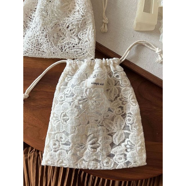 Vintage White Lace Embroidered Cosmetic Storage Bags Cases Cotton Hollow Flower Drawstring Makeup Storage Pouch Bag