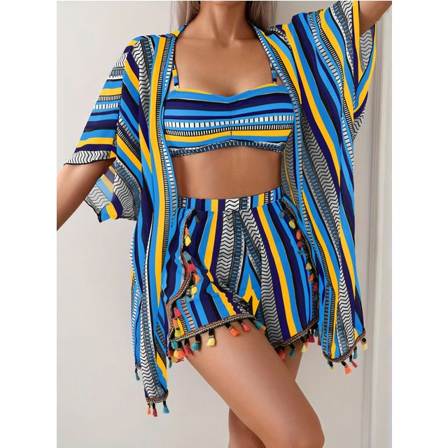 New sunscreen blouse sexy tassel bikini four-piece swimsuit women's suit