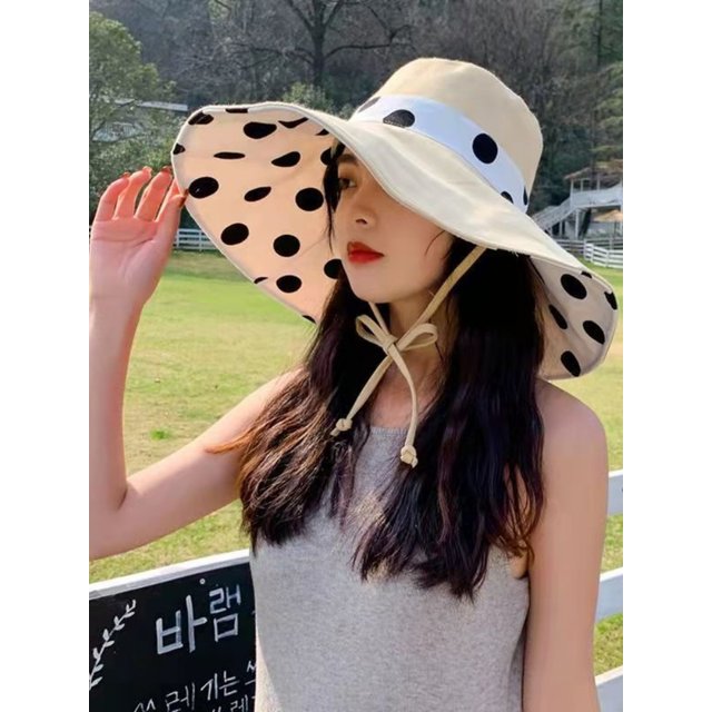 1pc Polka Dot Ribbonbucket Hat for women,Large Wide Brim Summer Sun Hat Breathable Sunscreen Visor Cap for Beach Sun Tralve