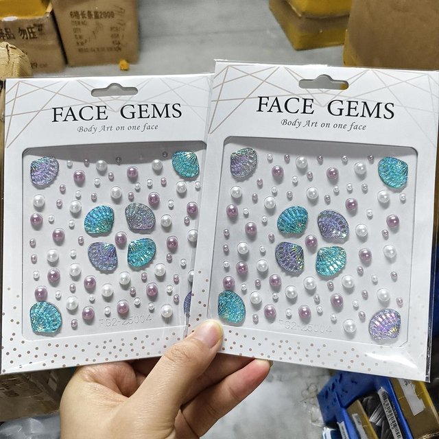 1Pcs 3D Dreamy Shell Pearl Gems Face Stickers Sparkling Mermaid Diamond Temporary Tattoos for Party Stage Body Makeup Rhinestone
